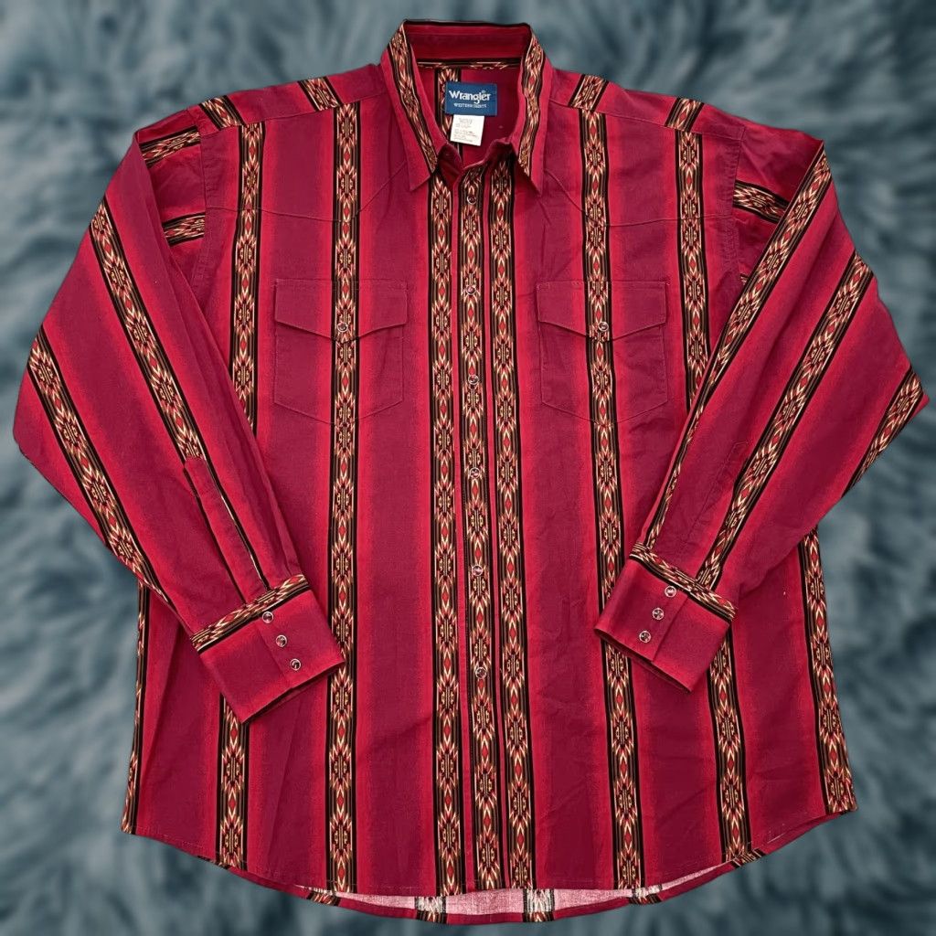 Vintage Wrangler Aztec Shirt Men Adult Xl Red Western Long Sleeve Pearl Snap Geometric 90s