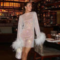 Vintage Party Fashion Summer Long Sleeve Mini Feathers Shining