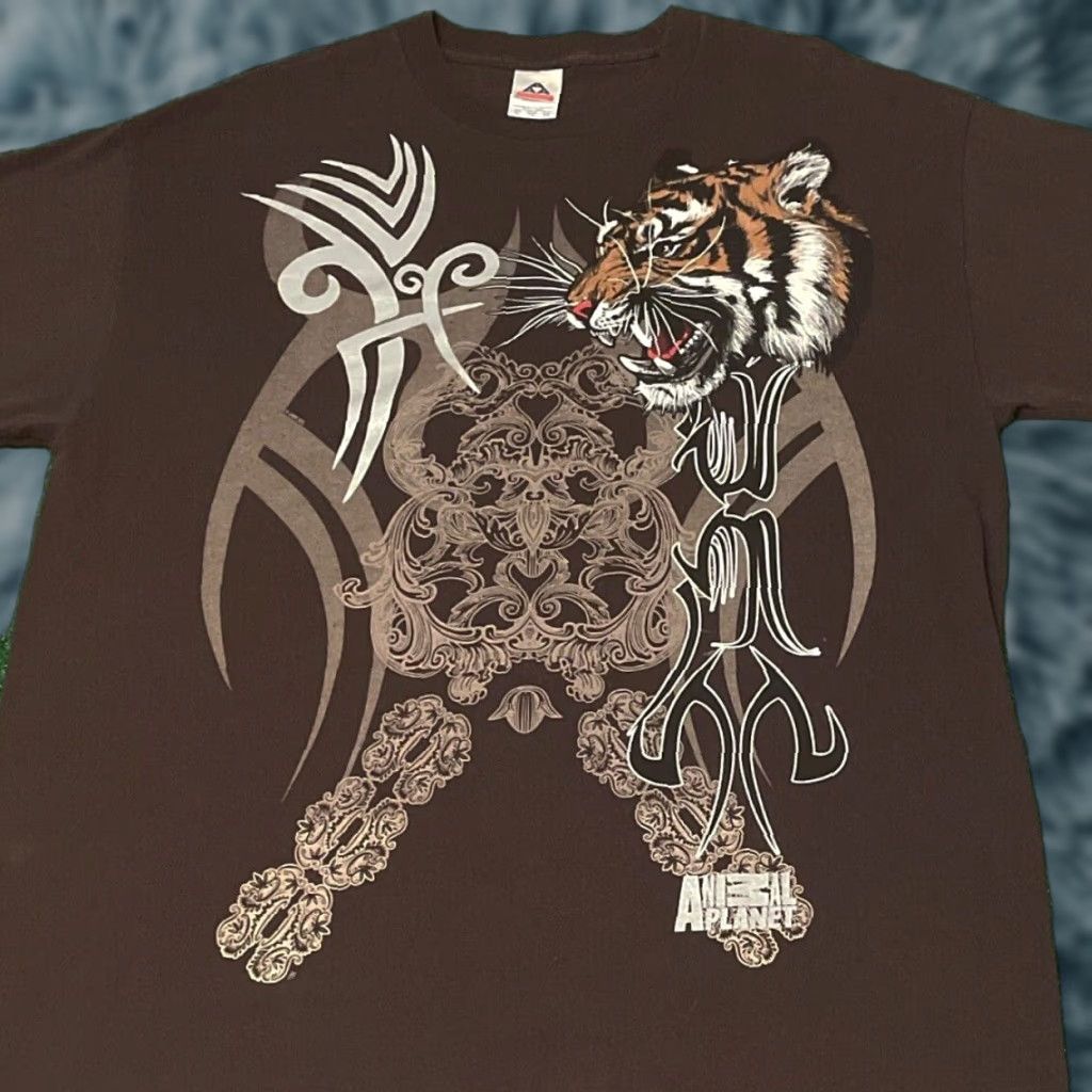 Vintage Animal Planet Tiger Shirt Mens Xl 90s 2000s T Shirt Brown Short Sleeve Merch Mens