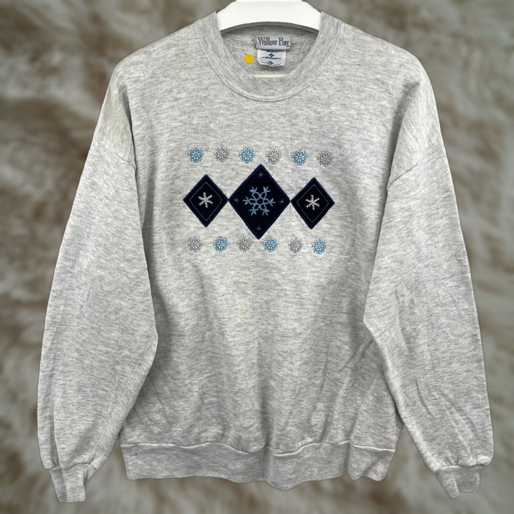 Vintage Willow Bay Womens Xl Sweatshirt Snowflakes Christmas Winter 80s 90s Grey Cotton Puff