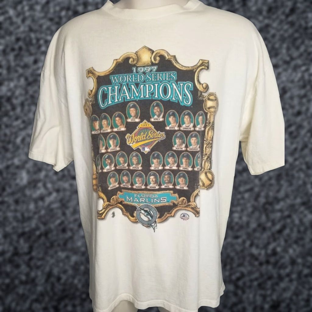 Vintage Starter 1997 Florida Marlins World Series Champions T Shirt Mens Xl Beige Graphic Te