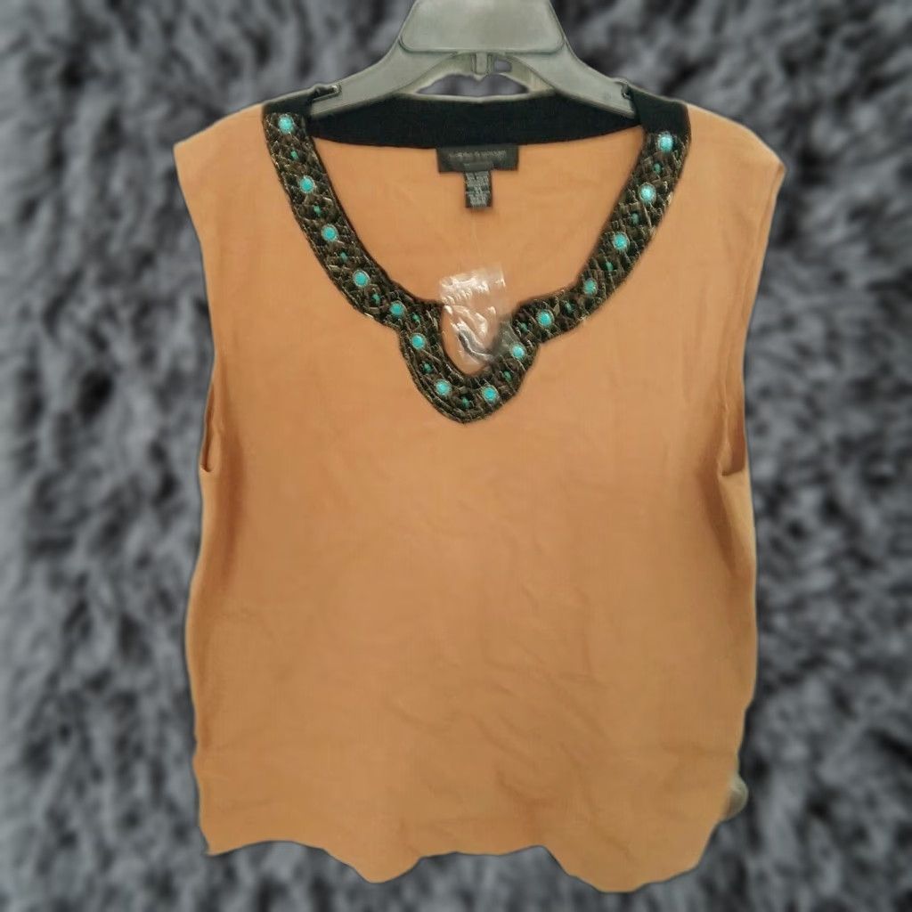 Vintage Cable Gauge Rib Knit Sleeveless Beaded Top Rust Nylon Blend 3x Tank Women Regular Size Type