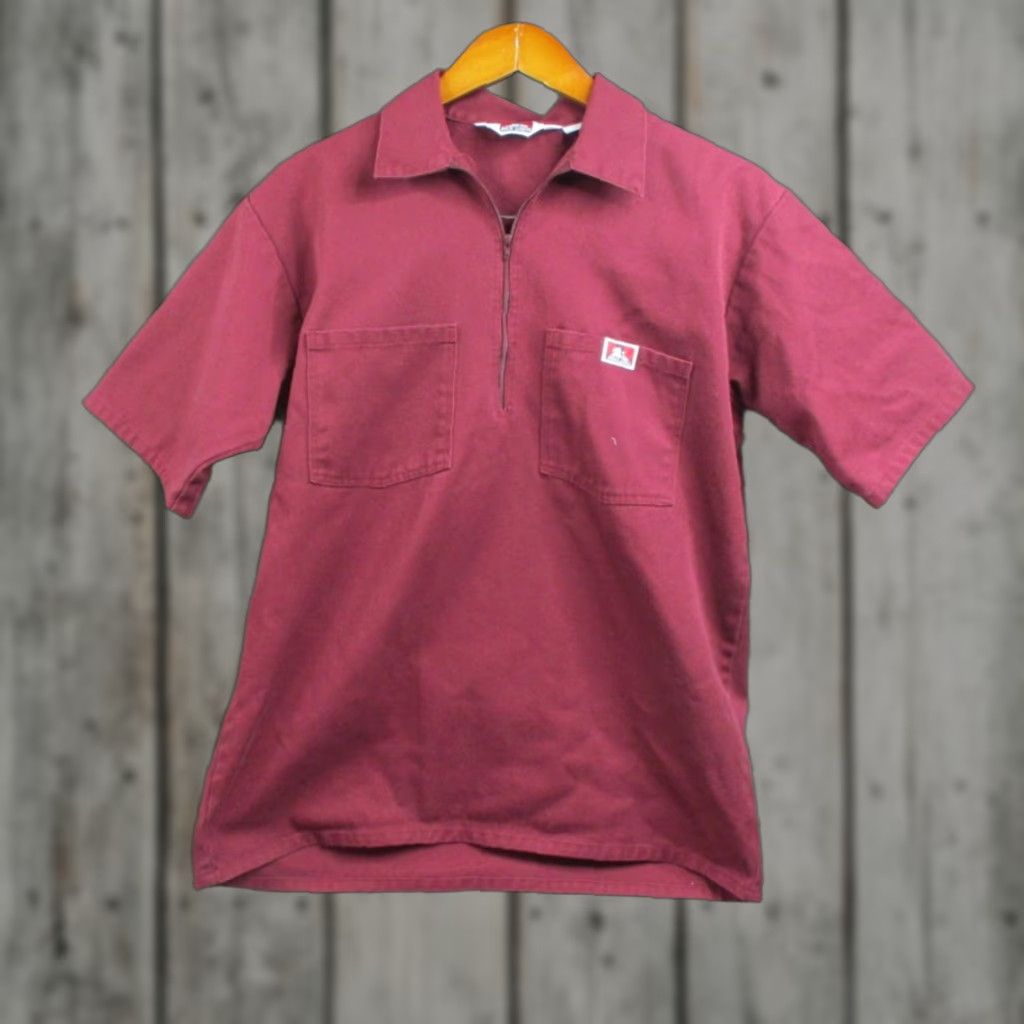 Davis Ben Davis Shirt Mens Medium Red Twill Zip Short Sleeve Workwear Usa