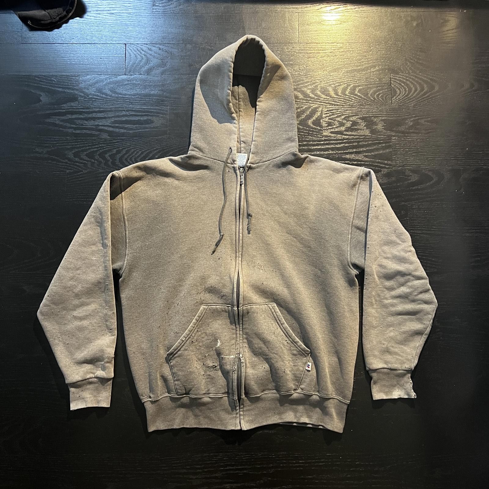 Athletic Vintage Russell Full Zip Hoodie Grey Faded Distressed