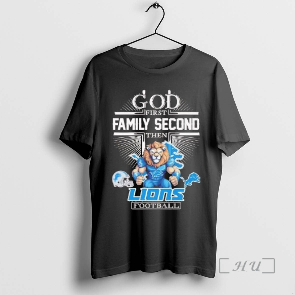 Officials God First Family Second Then Detroit Lions Football Mascot T-Shirts, Hoodie, Sweatshirt