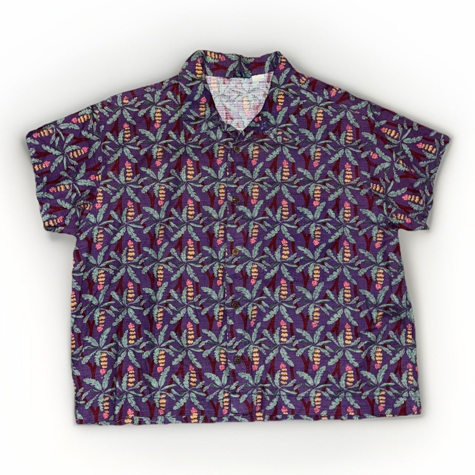 Vintage 70s Aloha Shirt Purple Banana Leaf Print Zigzag Hem