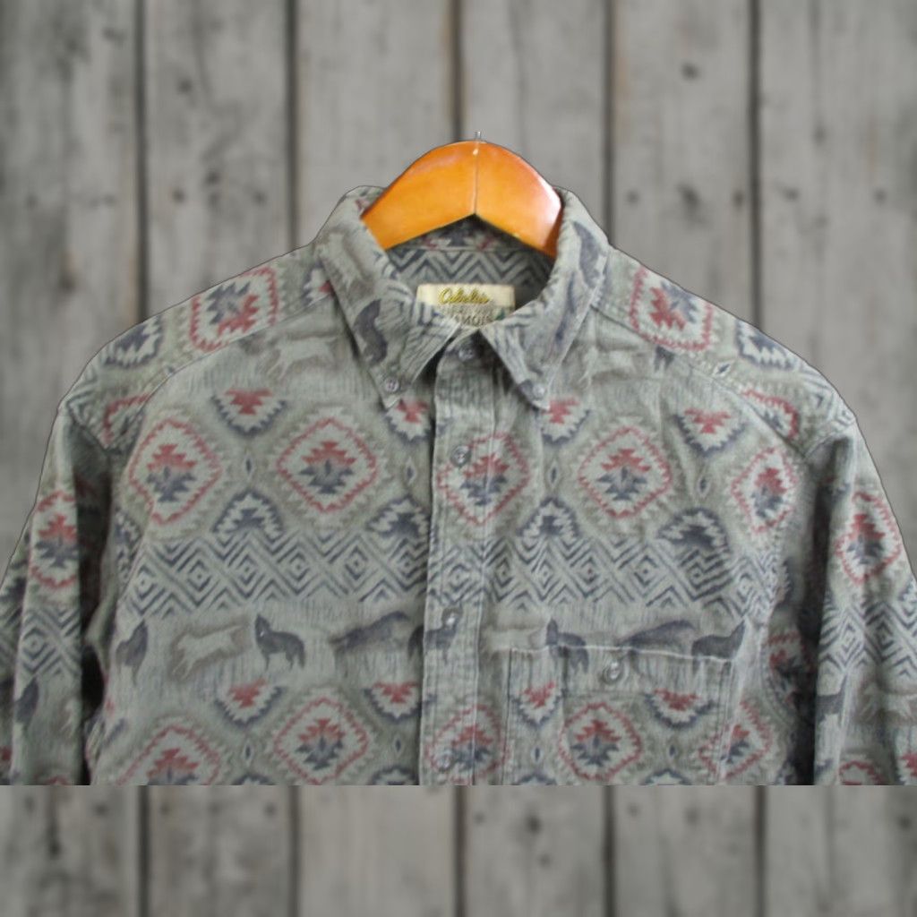Vintage Cabela S Shirt Mens Medium Green Deerskin Soft Chamois Flannel Aztec Wolf Outdoor Bu