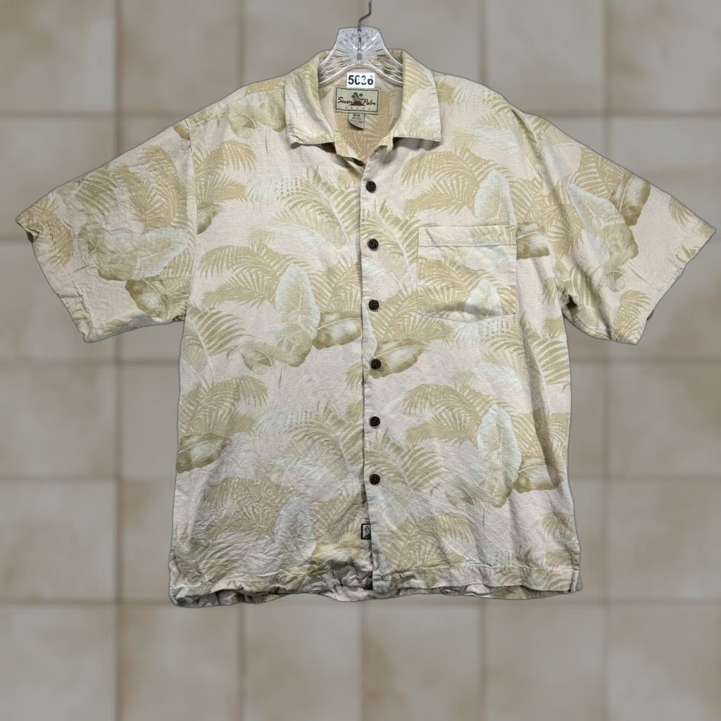 Vintage Seven Palm Hawaiian Shirt Tropical Men Medium Short Sleeve Beach Protector Pattern 9