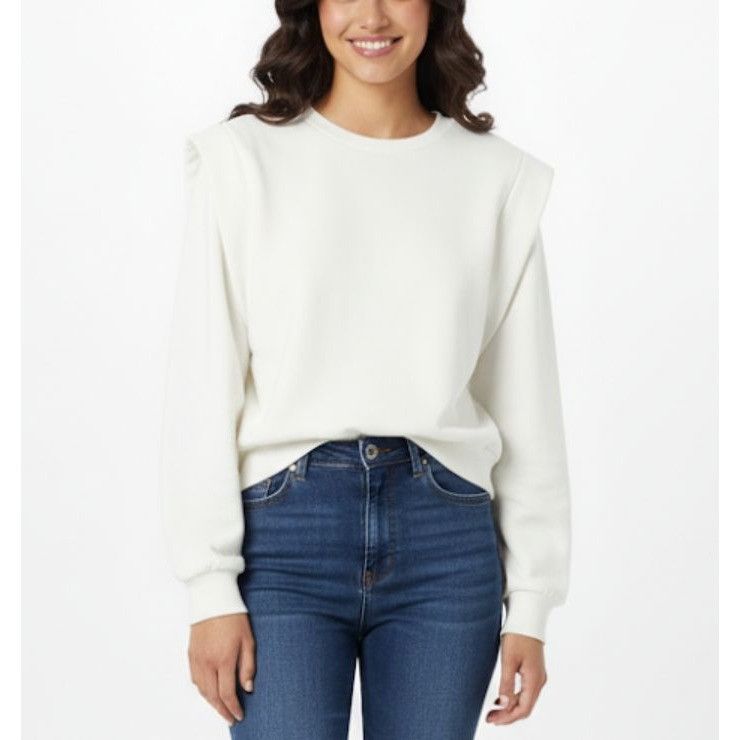M H M Sz L Women S Cream Padded Shoulder Sweatshirt Top Long