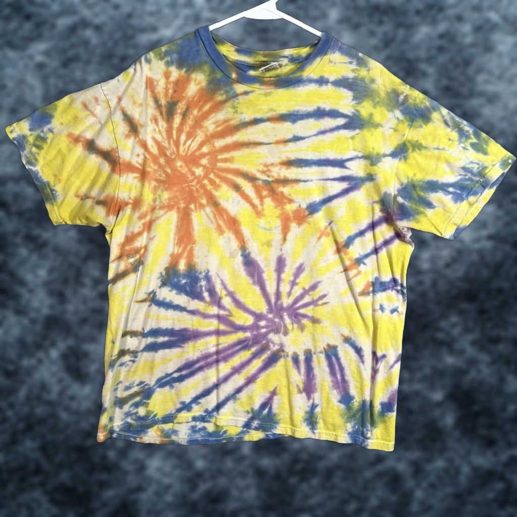 Vintage Hanes Custom Tie Dye T Shirt Adult Xl Mens Yellow Multi Color 1990s Sportswear Beach S