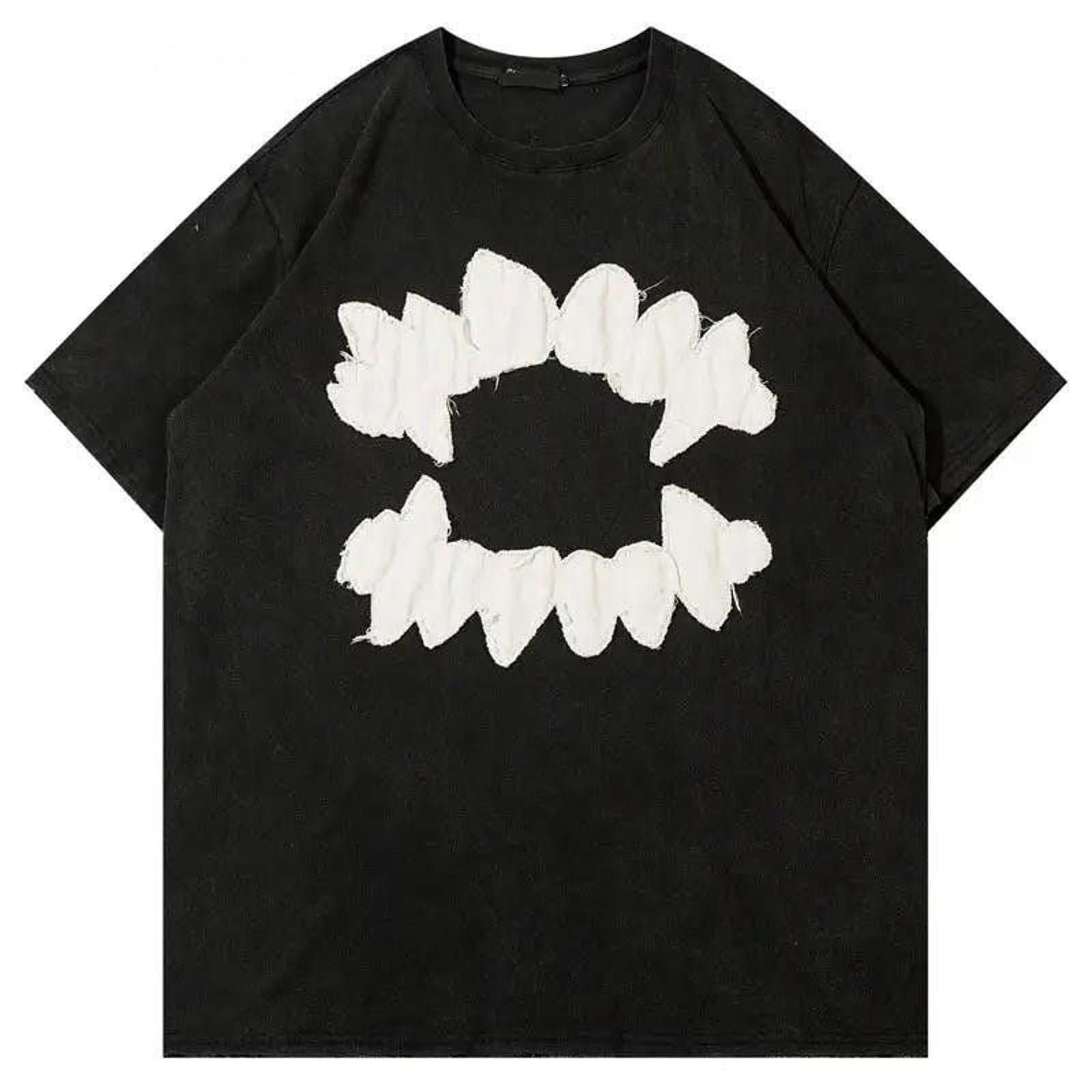 Vintage Teeth Embroidered Bleached Black T Shirt Hoodie, Sweatshirt | FlexRushtees.com