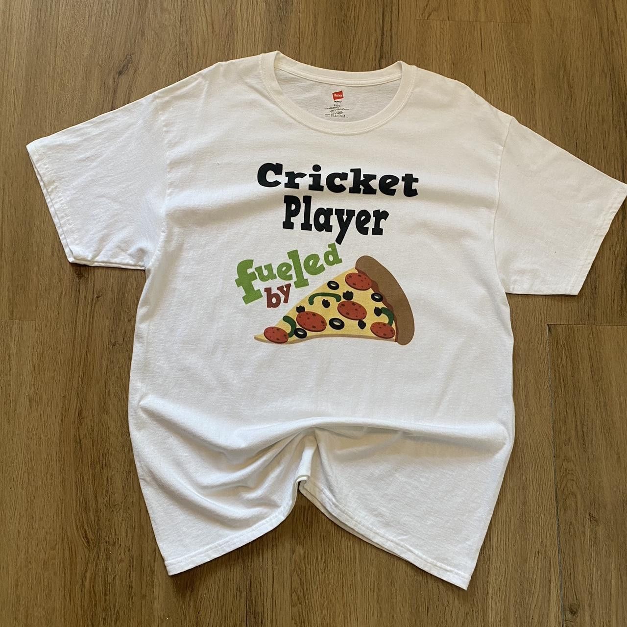 Hanes White Cotton Cricket Player Fueled By Pizza T Shirt Hoodie, Sweatshirt | FlexRushtees.com