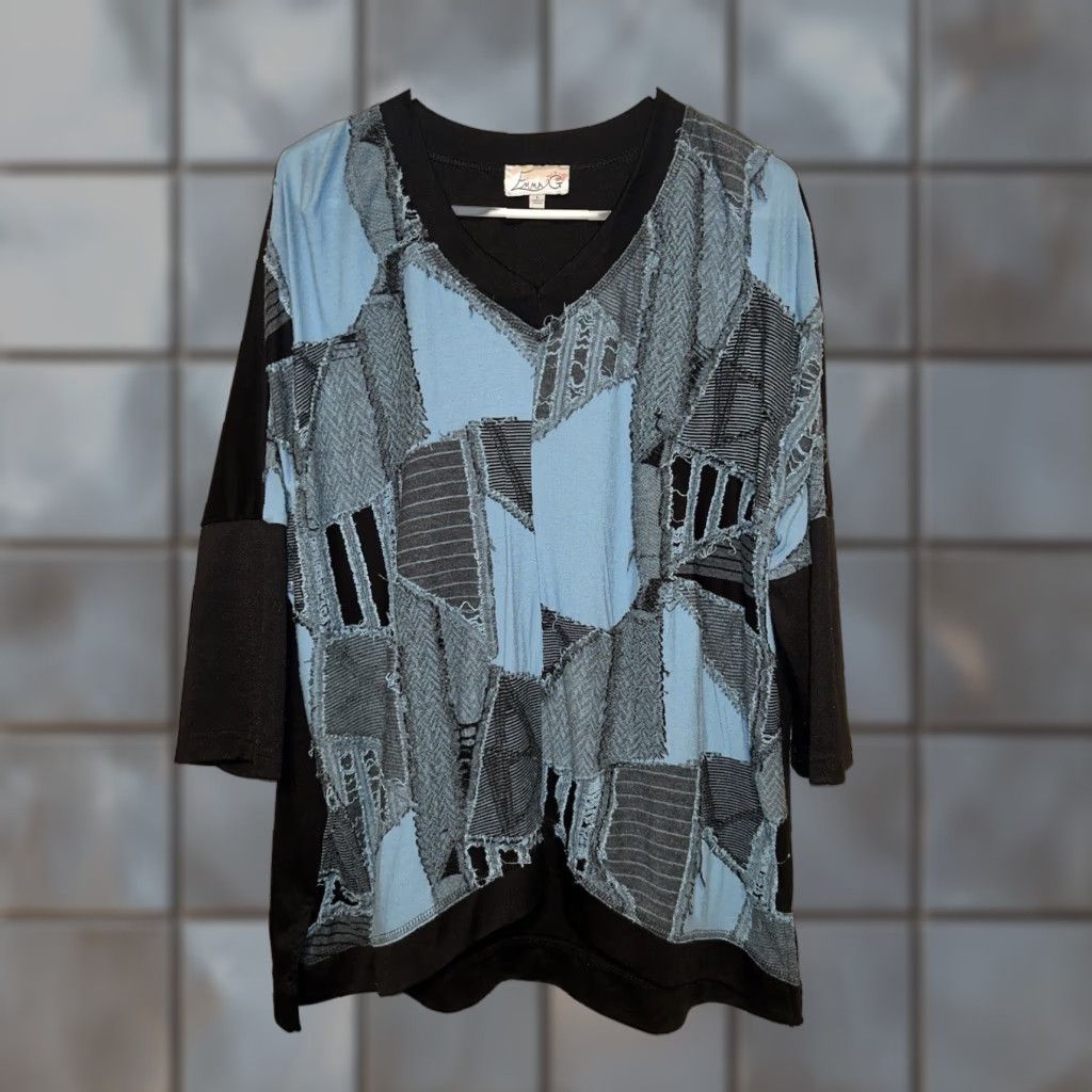 Vintage Emma G Shirt Women 3 4 Sleeve Blouse L Blue Casual Spring Fall Womens Shirt