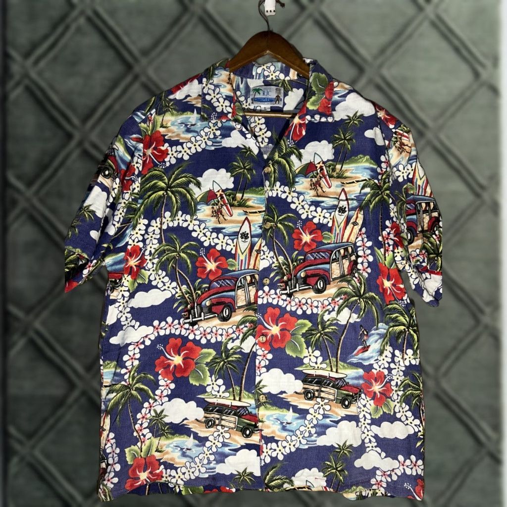 Vintage Rjc Limited Hawaiian Vintage Shirt Beach Cars Tropical Floral Leis Woody Mens L Blue Short S