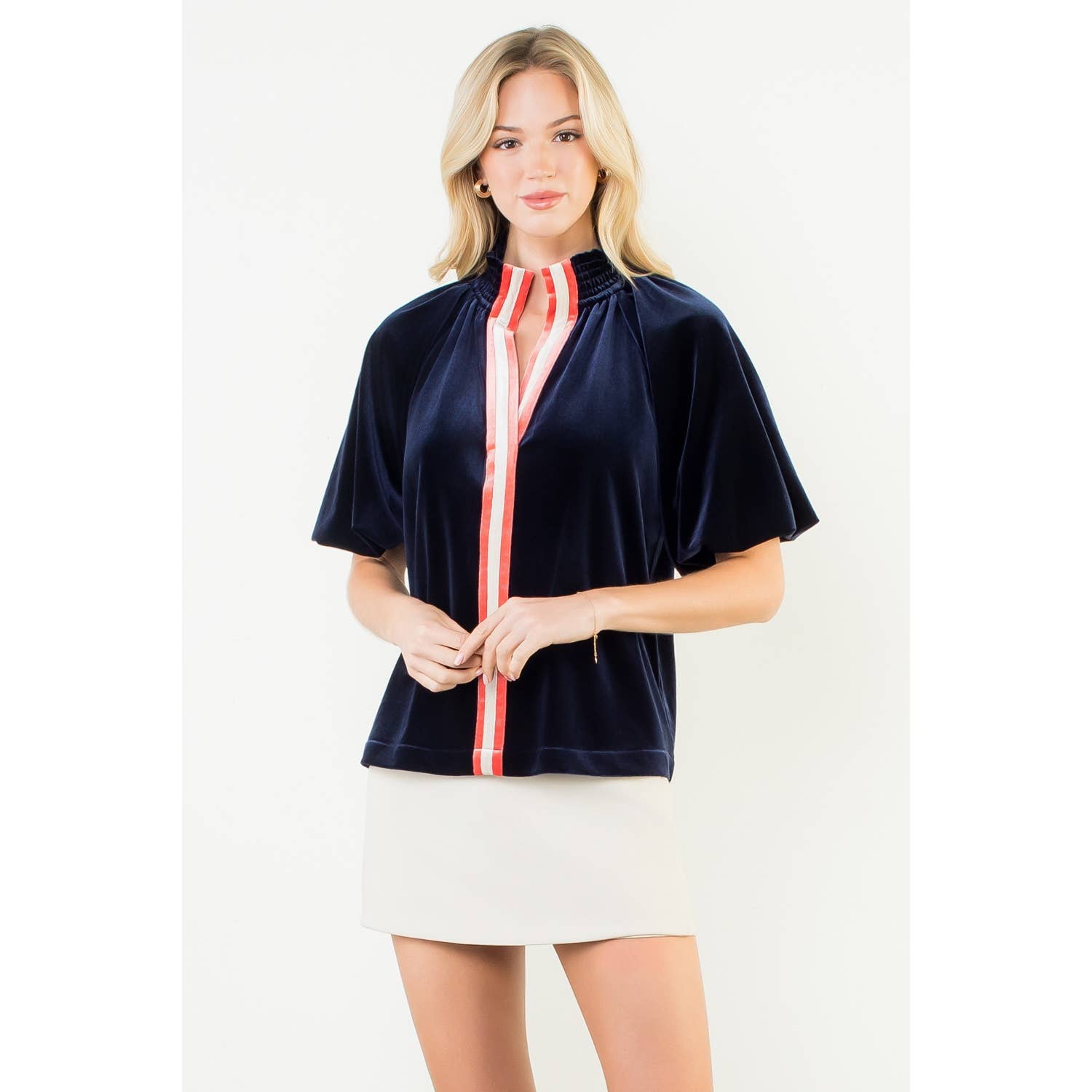 Velvet Trim Puff Sleeve Top