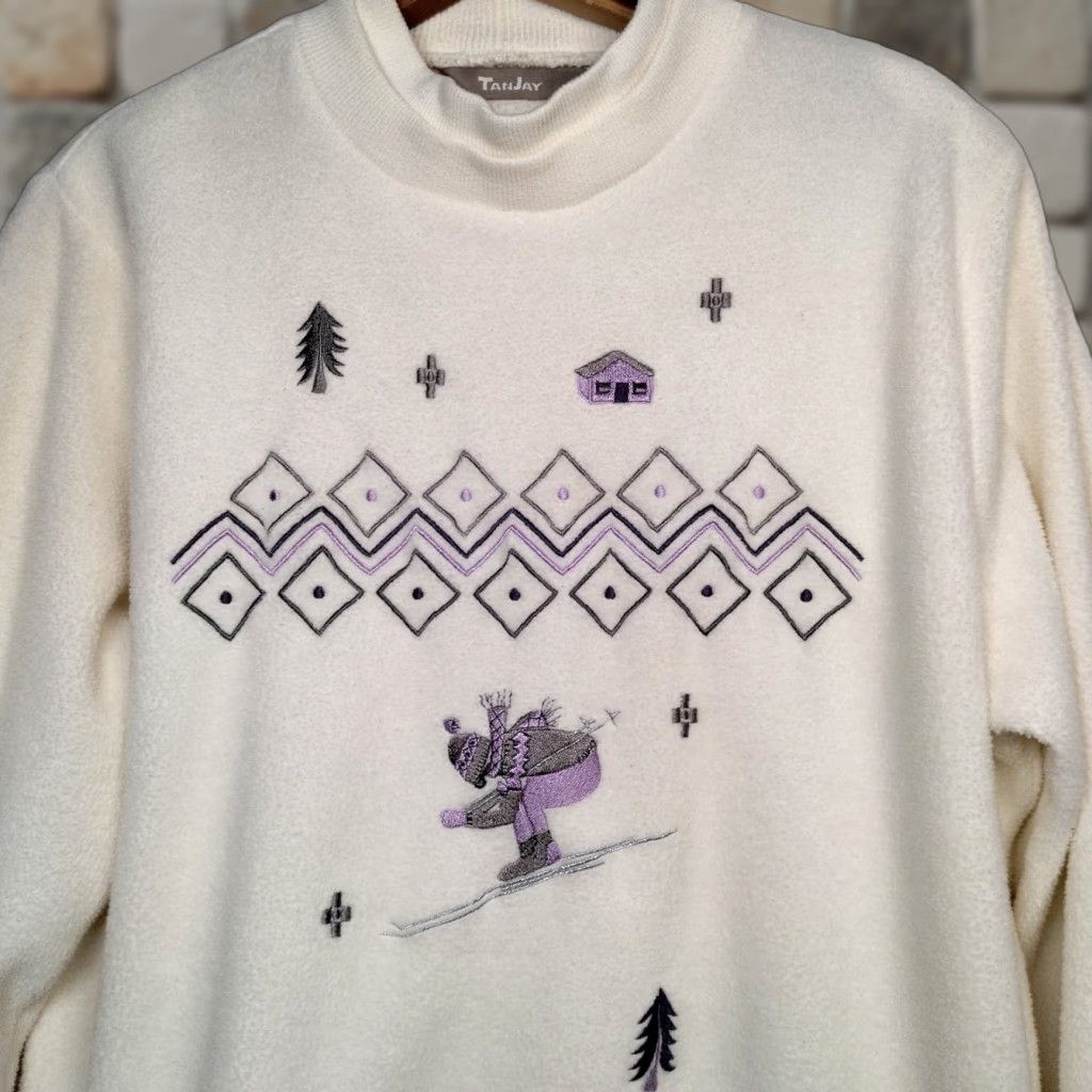 Vintage Tanjay Sweatshirt Skiing Winter Cream Fleece Crew Neck Long Sleeve Pullover Women S