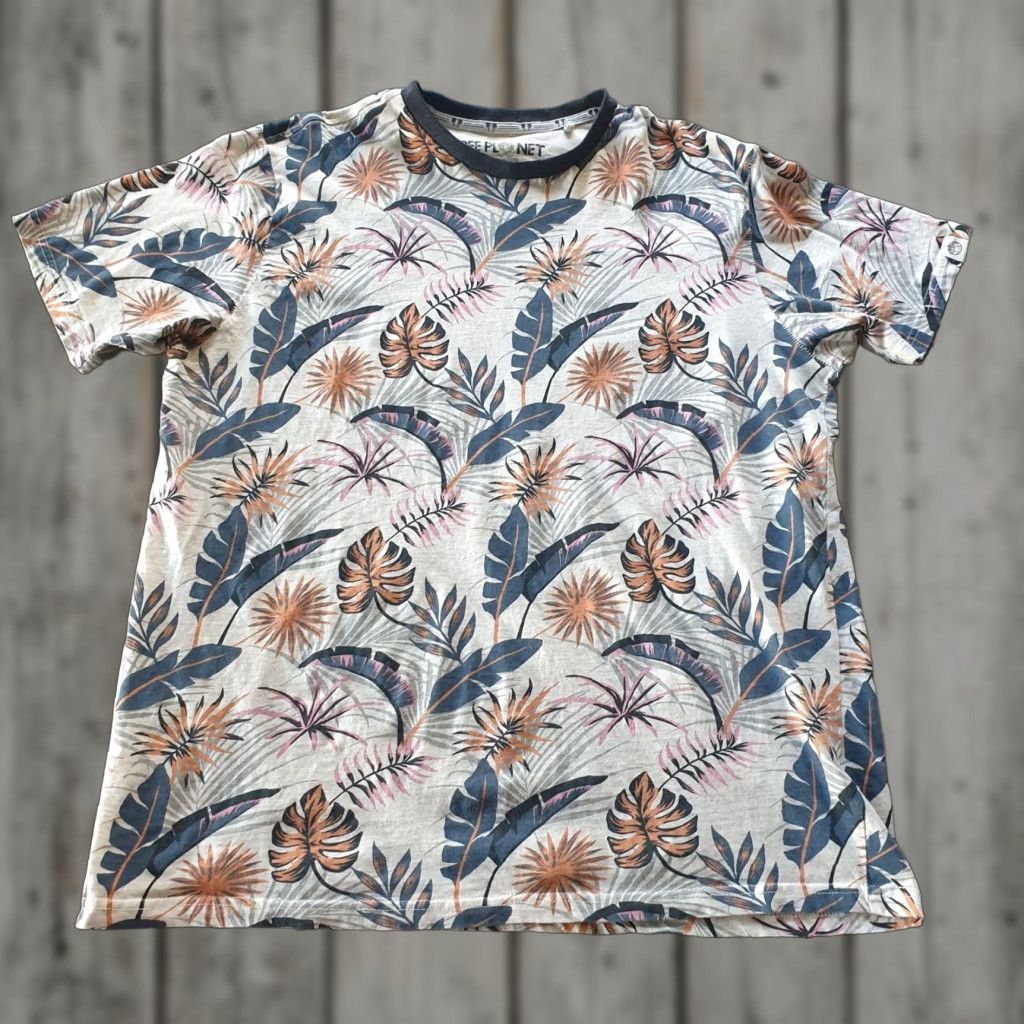 Vintage Free Planet Men S Xl Short Sleeve T Shirt Cotton Floral Tropical Blue Multicolor 90s
