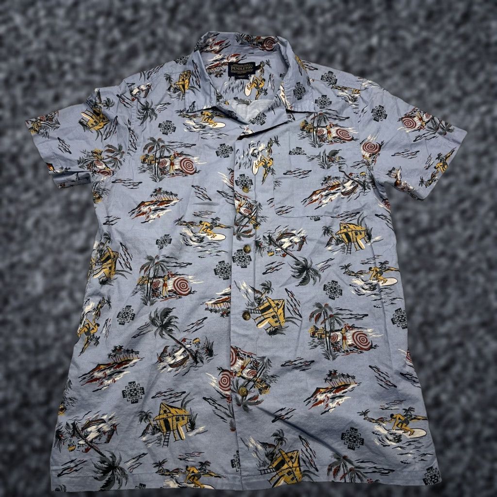 Pendleton Men S Short Sleeve Shirt Medium Blue Hawaiian Surf Beach Pattern Cotton Retro Su