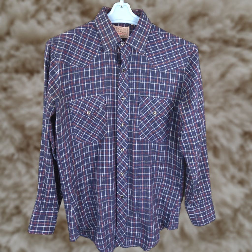 Vintage H Bar C Long Tail Shirt Mens 15 5 33 Blue Metallic Pearl Snap Western Usa Long Sleev