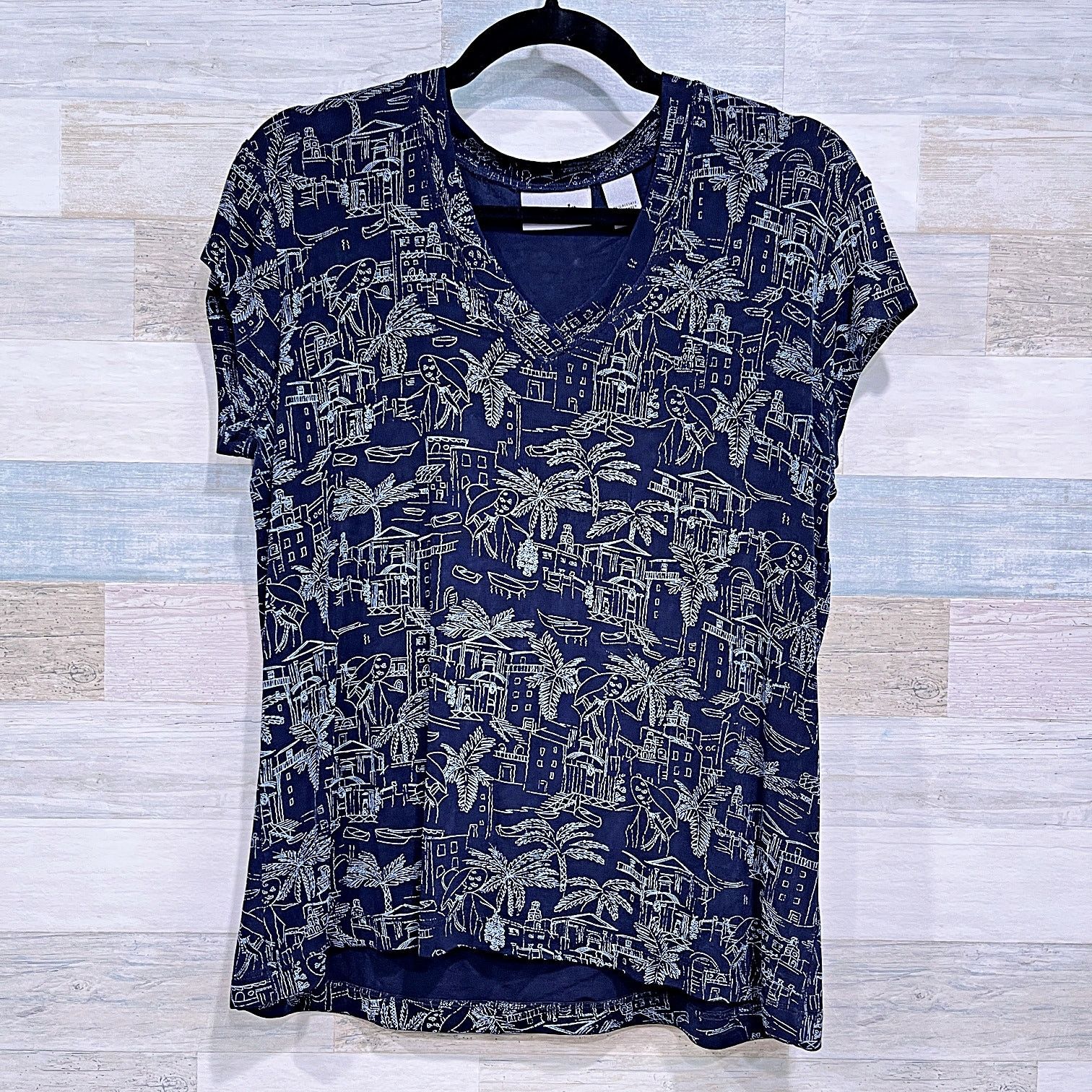 Chicos Travelers Tropical Island Print Tee Blue Womens Large