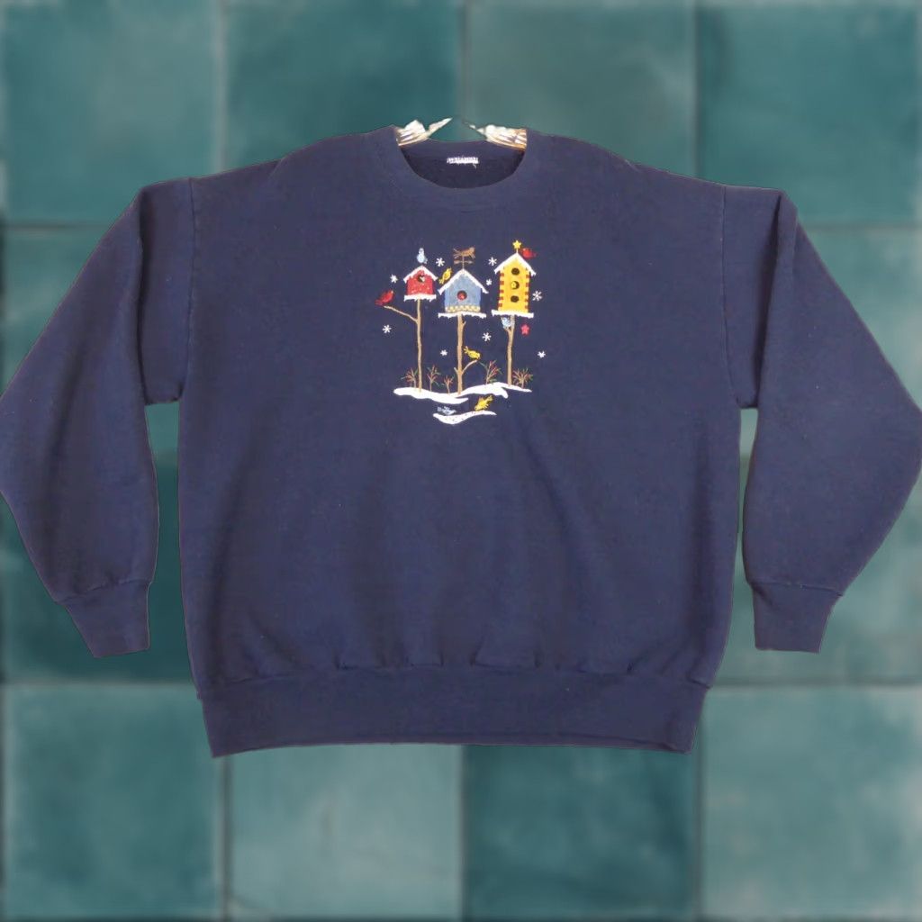 Vintage Birdhouse Sweatshirt Adult Large Blue Pullover Long Sleeve Bird Winter Mens Pullover
