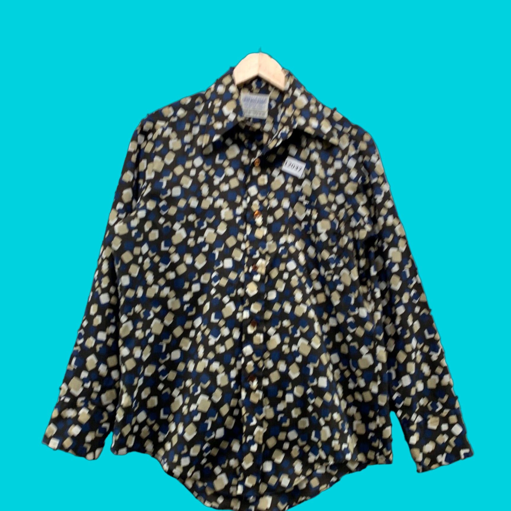 Vintage Presscott Shirt M Adult Blue Black 100 Polyester Crepe Size M Geometric Long Sleeve