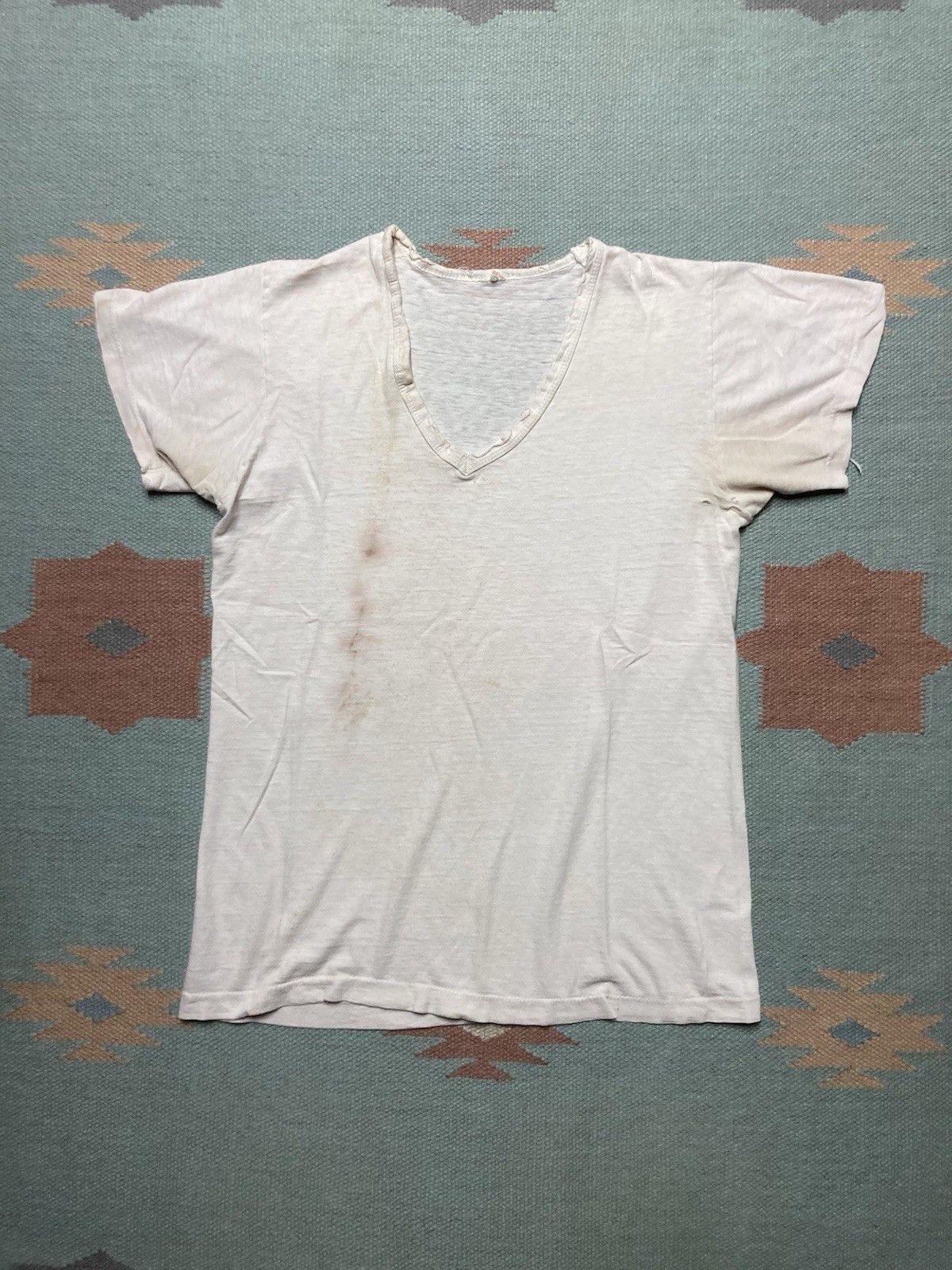 Vintage 70s Blank White T Shirt V Neck Fruit Of Loom Grunge Medium