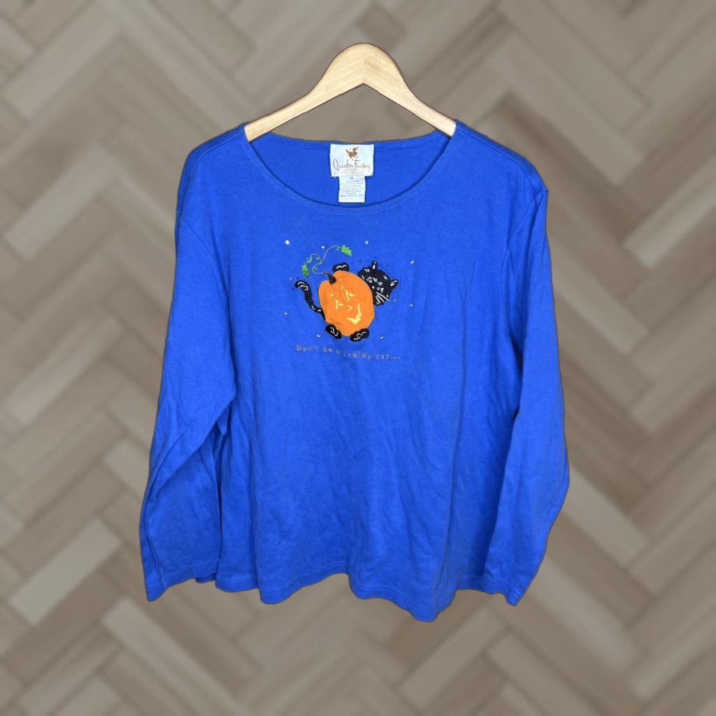 Factory Vintage Quacker Factory Black Cat Pumpkin Embroidered Halloween Long Sleeve Shirt 1x
