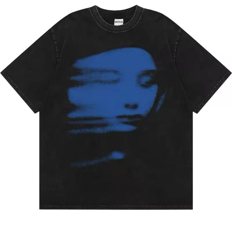 Japanese Brand Gothic Blue Face Print Black T Shirt Hipster Graphic Tees Hoodie, Sweatshirt | FlexRushtees.com