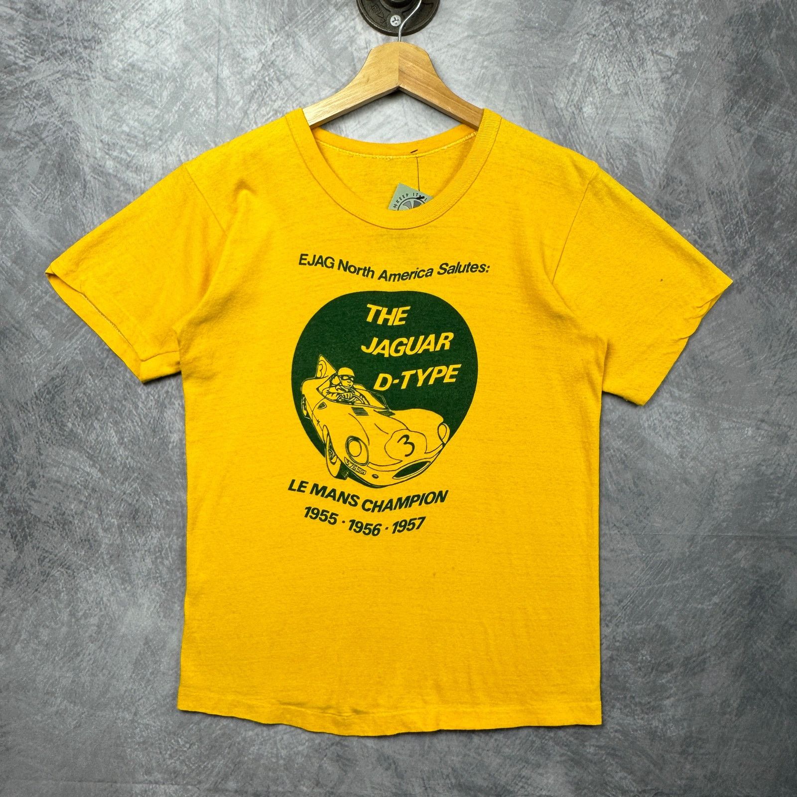 Vintage 60s Yellow Jaguar D Type Le Mans Graphic Shirt Small 3973