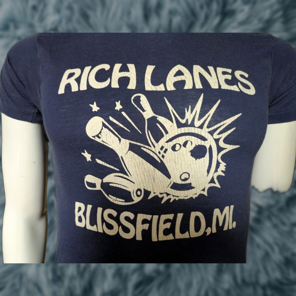 Vintage Vtg 70s 80s Rich Lanes Bowling Alley Blissfield Mi T Shirt Medium Blue Cotton Blend Crew Nec