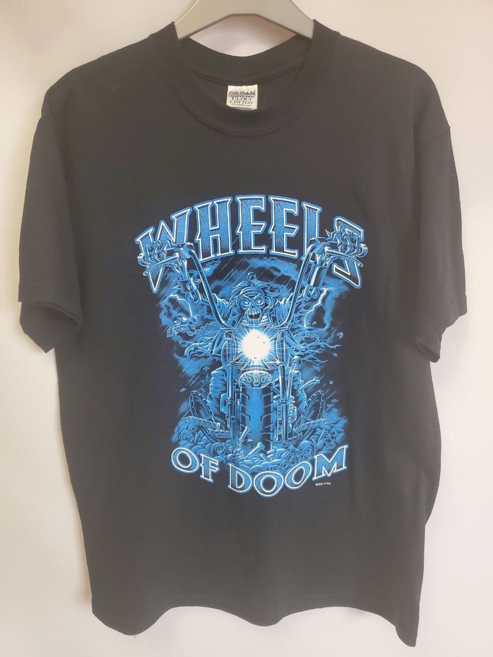 Vintage 2005 Wheels Of Doom Biker Print T Shirt Gildan Ultra Cotton