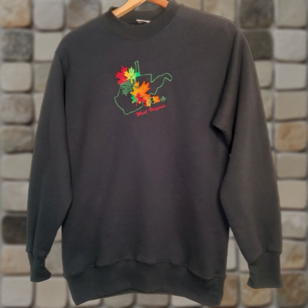 Vintage West Virginia Sweatshirt Men S Black Crew Neck Pullover Embroidered Nature Fall Leav T-Shirts, Hoodie