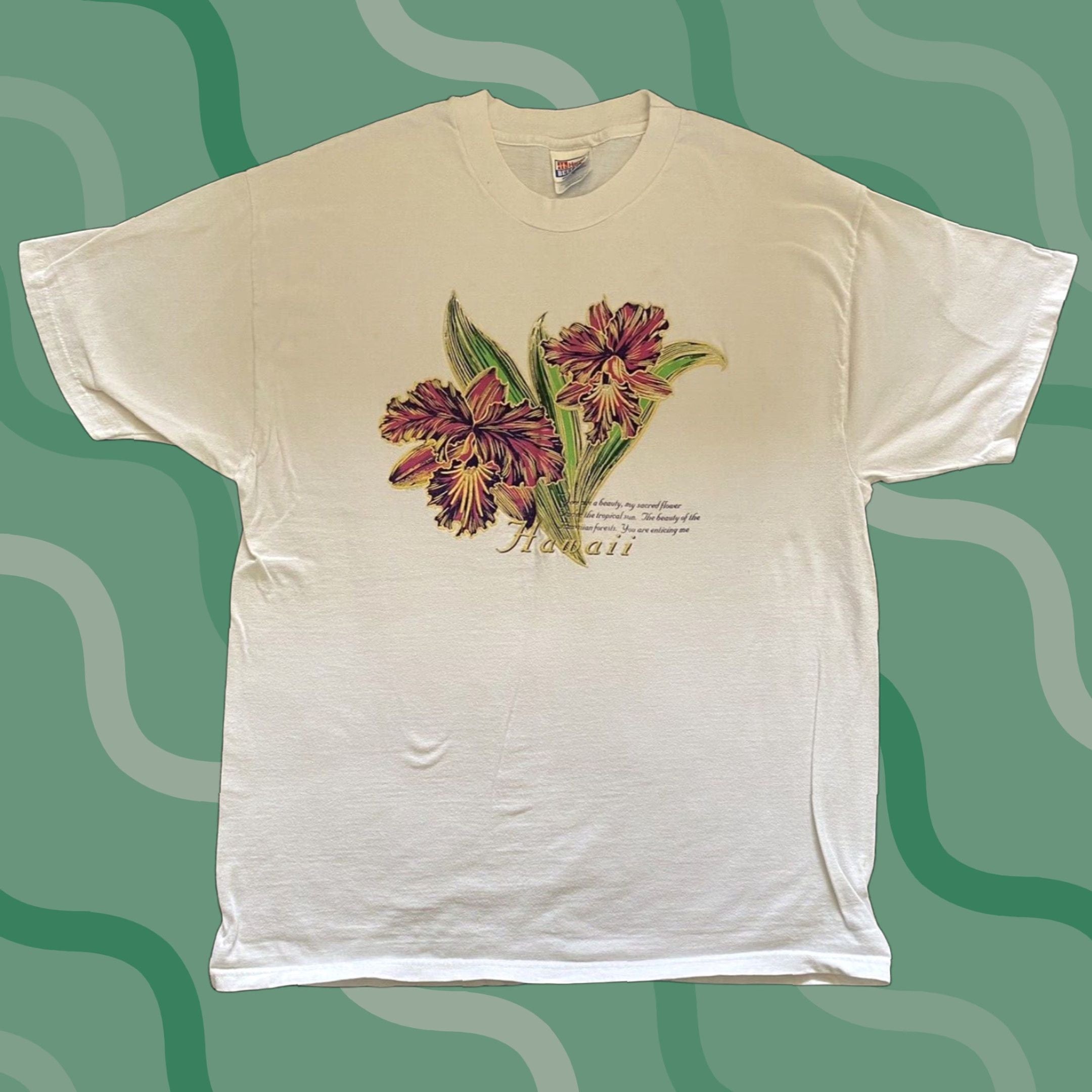 Vintage Hanes Beefy T Shirt Hawaii Flowers White Xl Adult Short Sleeve Men S 46 48