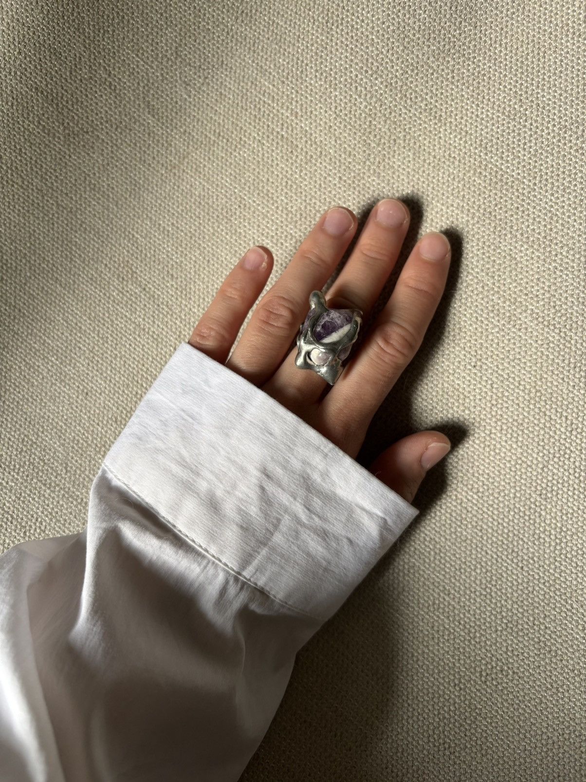 Vintage Large Brutalist Danish Amethyst Modernist Metal Ring
