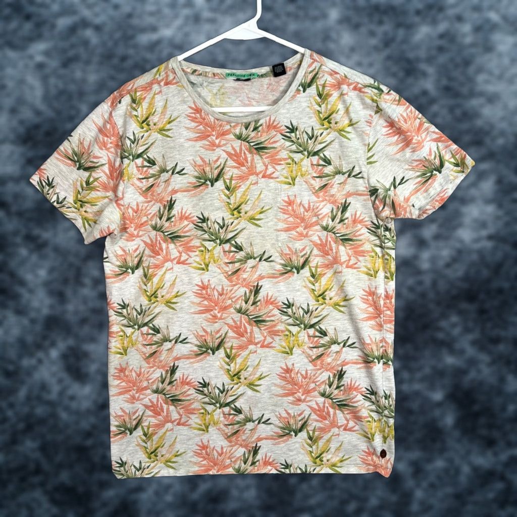 Vintage Allsaints Women S T Shirt Size Large Gray Tropical Leaf Floral Print Crew Neck Sho