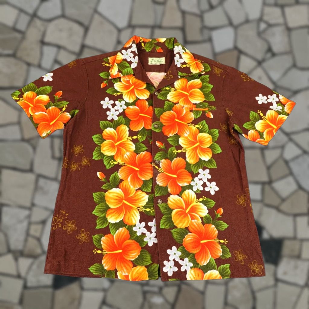 Vintage Ui Maikai Hawaiian Shirt Mens Medium Brown Floral 60s Beach Tropical Aloha Casual