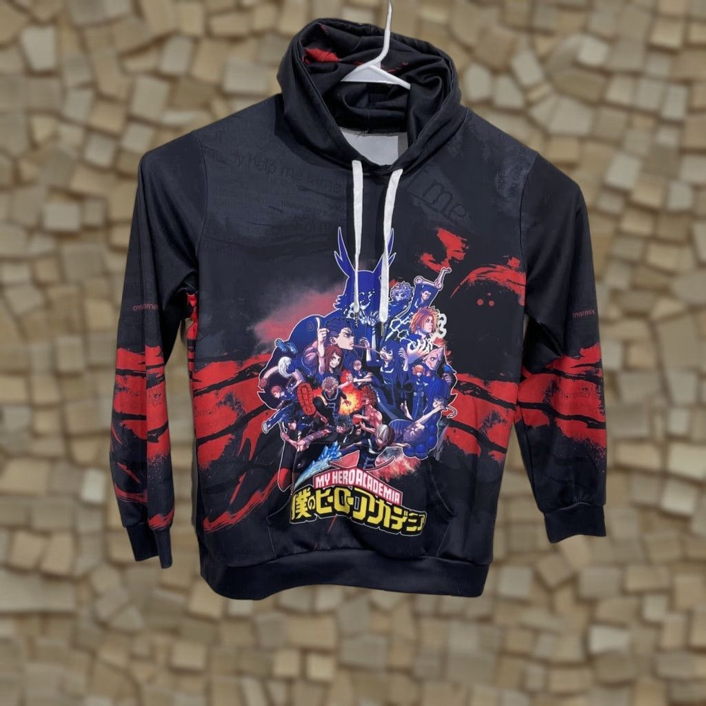 Vintage My Hero Academia Hoodie Shirt Mens Large Black Knit Stretch Pullover Graphic Print Hooded Lo