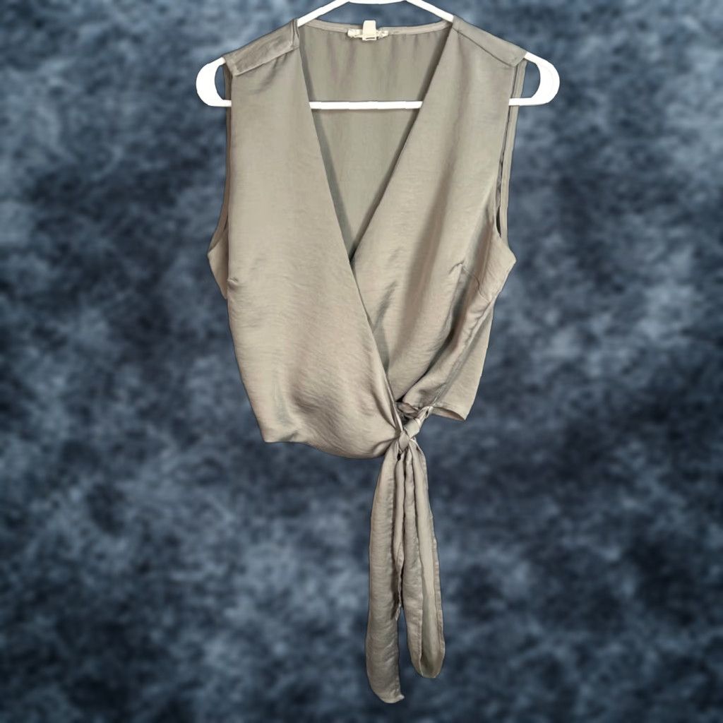 Vintage Silence Noise Wrap Top Beige Sleeveless Tie Waist Womens Large V Neck Casual Summer Spring S