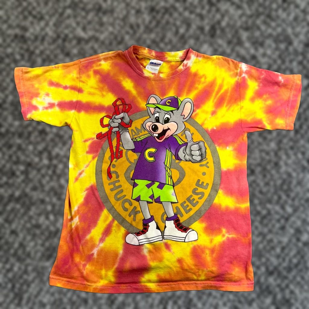 Vintage Chuck E Cheese Tie Dye Pizza Ticket Graphic T Shirt Youth Large Green 90s Kids