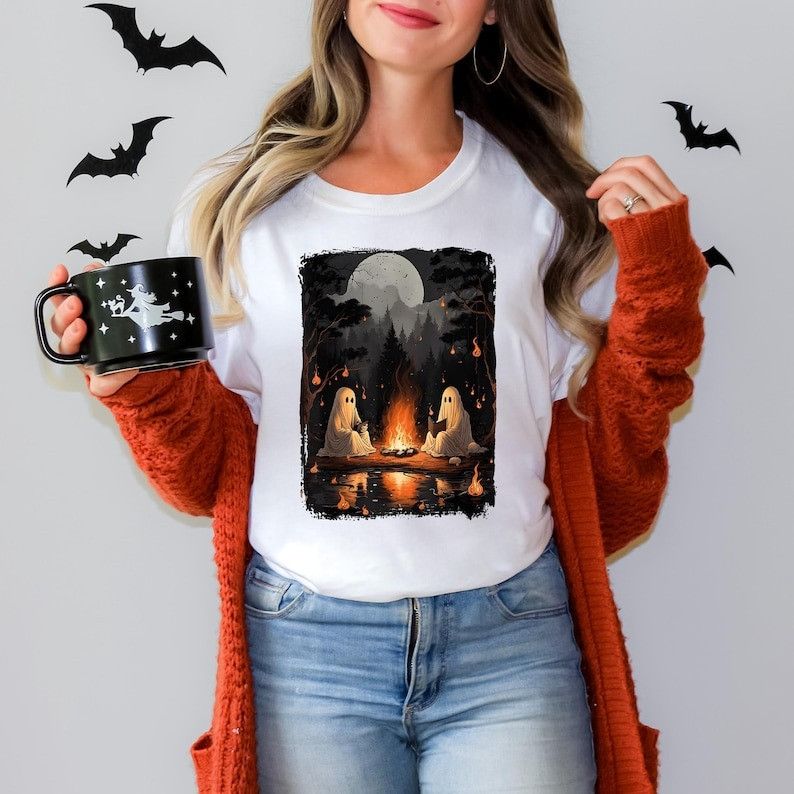 Designer Camping Halloween Ghost Reading Book Shirt Hoodie, Sweatshirt | FlexRushtees.com