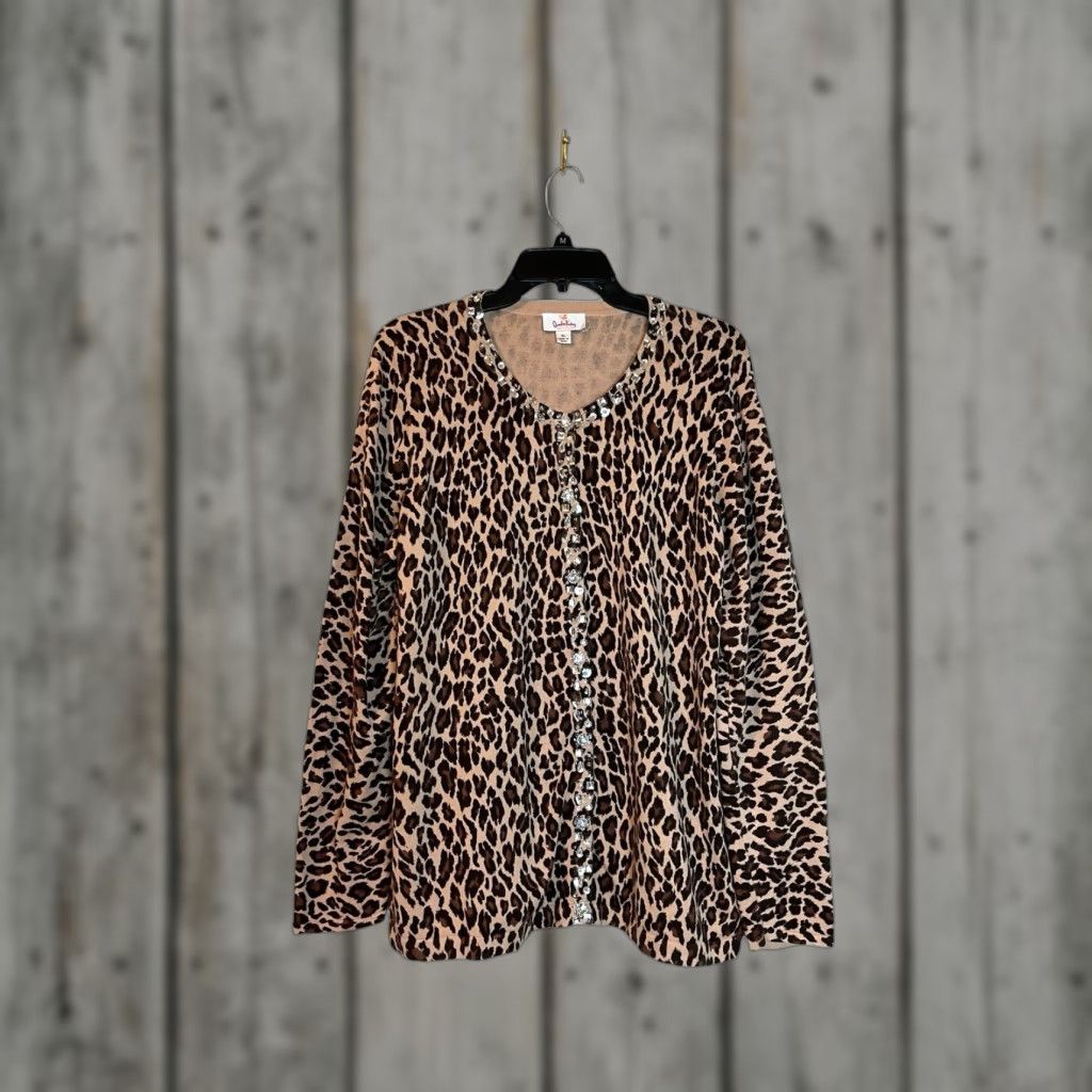 Factory Vintage Quacker Factory Cardigan Women S Xl Brown Animal Print Beaded Rhinestone Fro