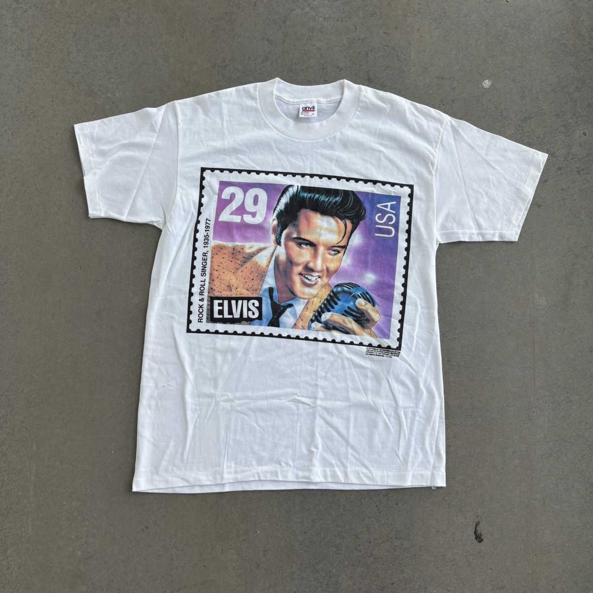 Vintage 1992 Elvis Anvil T Shirt Large Postage Stamp White