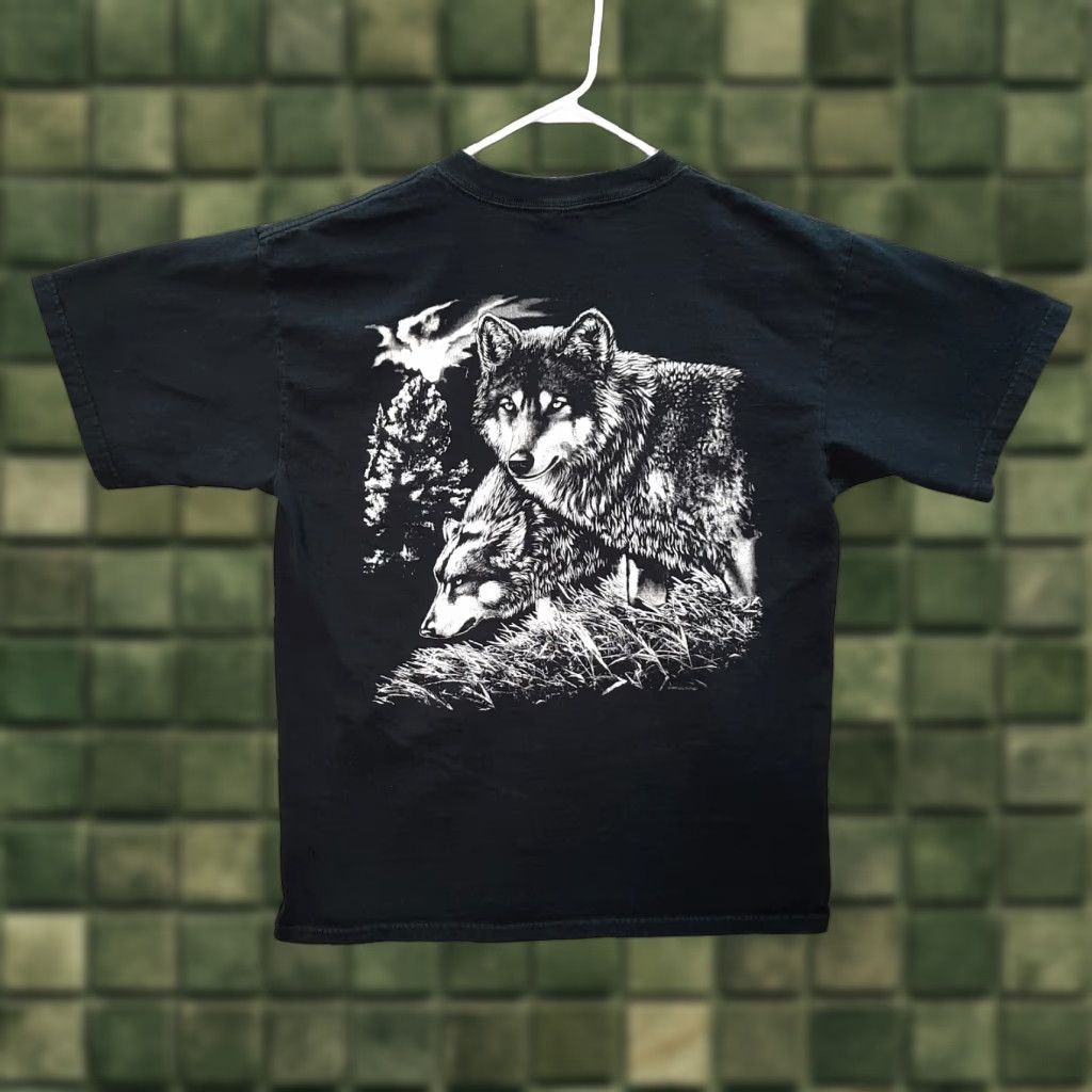 Gildan Shirt Adult Large Black Wolf Coyote Dog Wildlife Nature Double Graphic Tee Crew Neck S