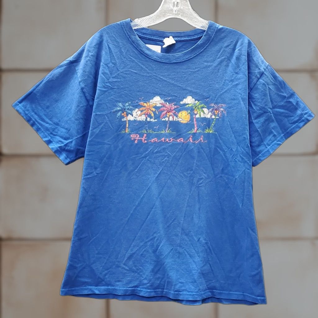 Jerzees Hawaii Men T Shirt L Blue Cotton Jerzees Crew Neck Short Sleeve Tropical Palm Trees Graphic