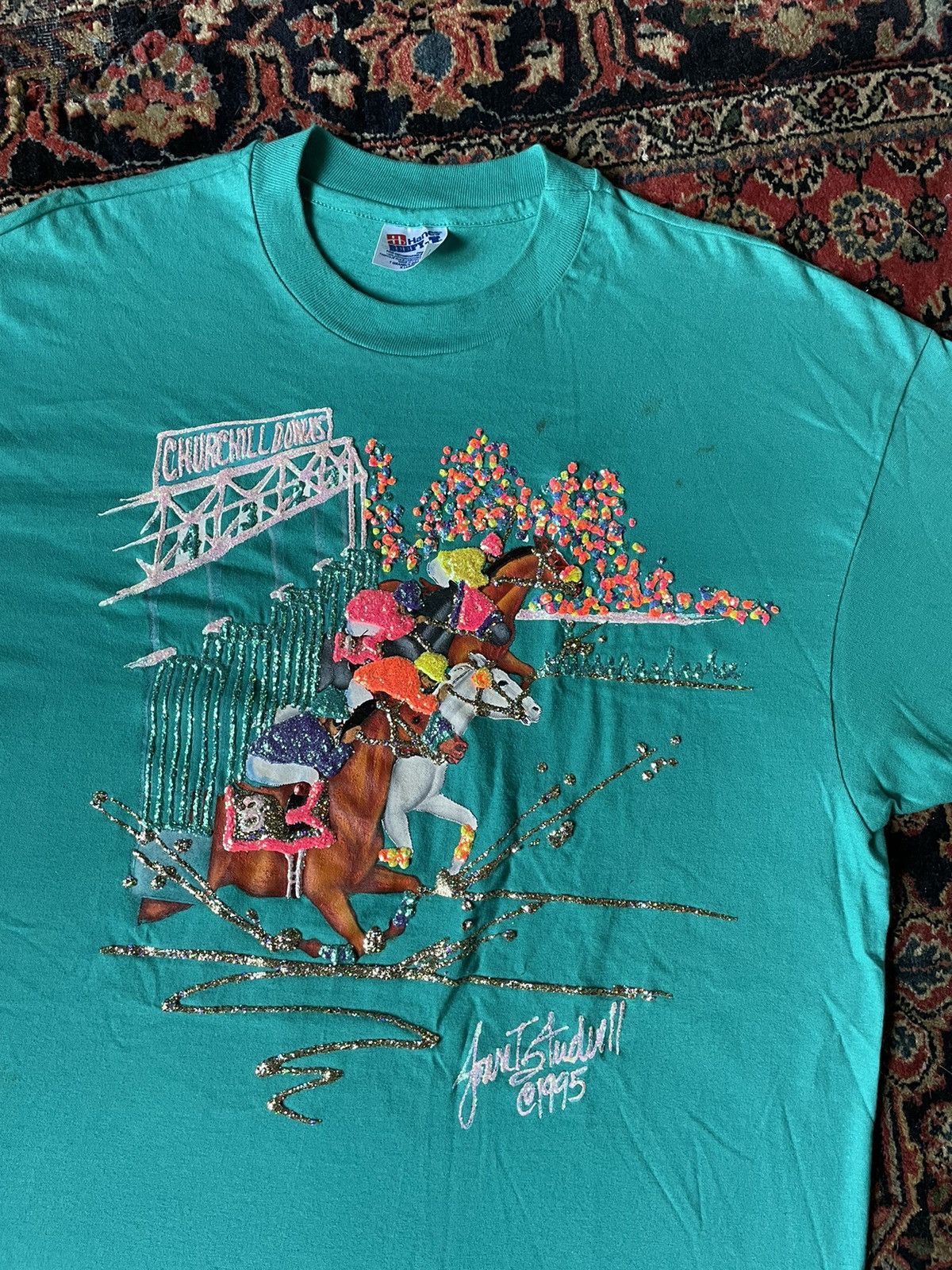 Vintage Vtg 1995 Horse Racing Sparkly Paint Custom Tee Hoodie, Sweatshirt | FlexRushtees.com