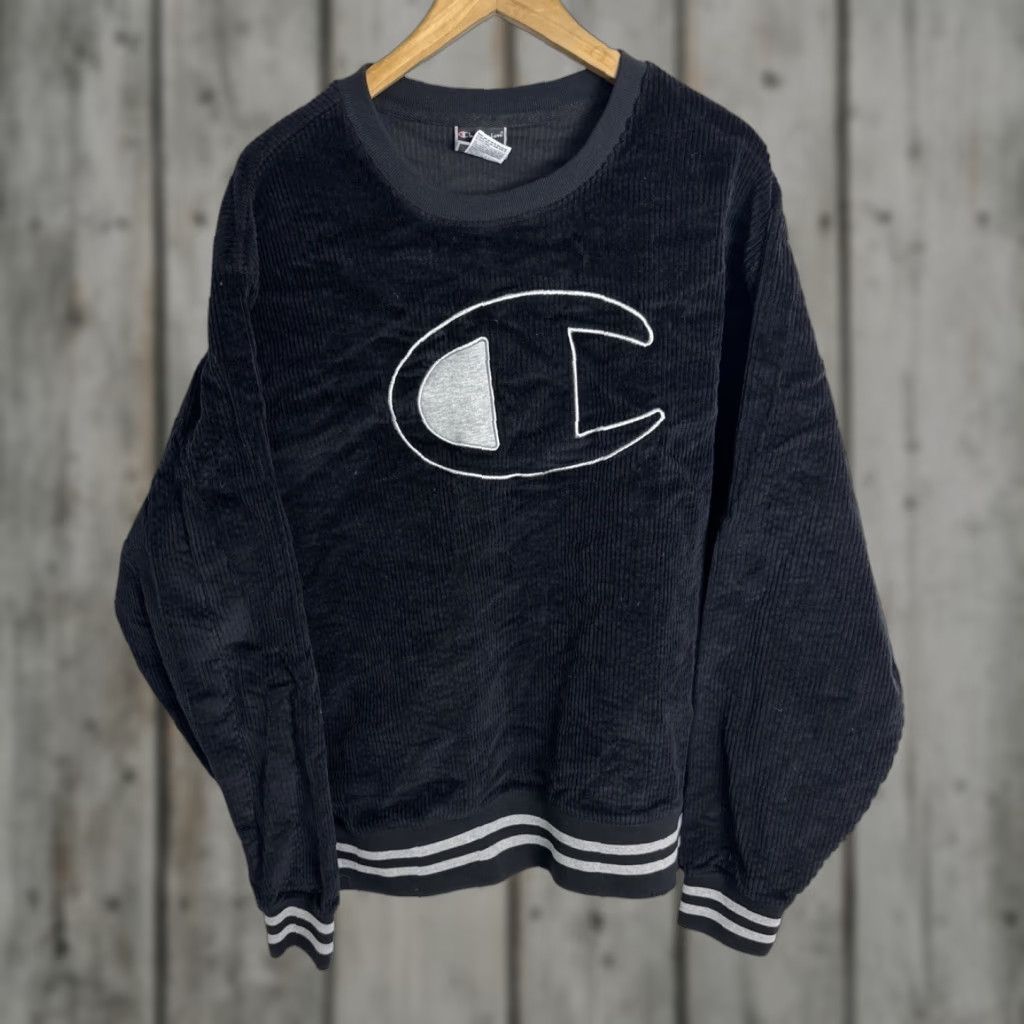 Vintage Champion Men S 2xl Black Corduroy Crewneck Sweatshirt Long Sleeve Logo Embroidered
