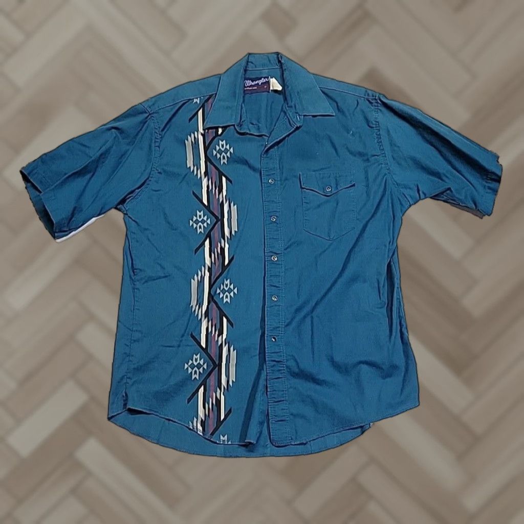 Vintage Wrangler Pearl Snap Aztec Southwestern Shirt Men S 17 Multicolor Cotton Western 17