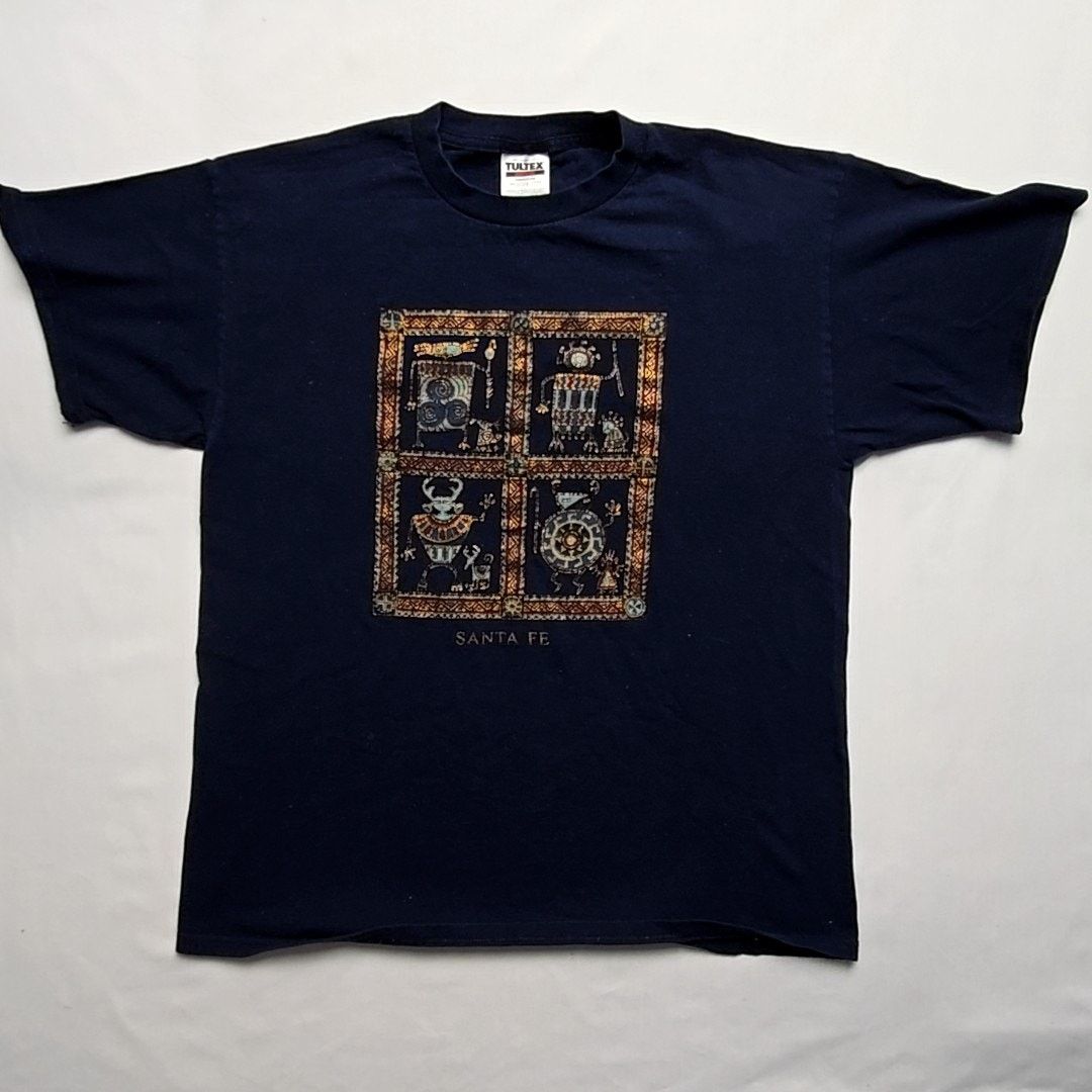 Tultex Vintage Santa Fe Graphic Tee Tribal Print Blue L Shirt 90s