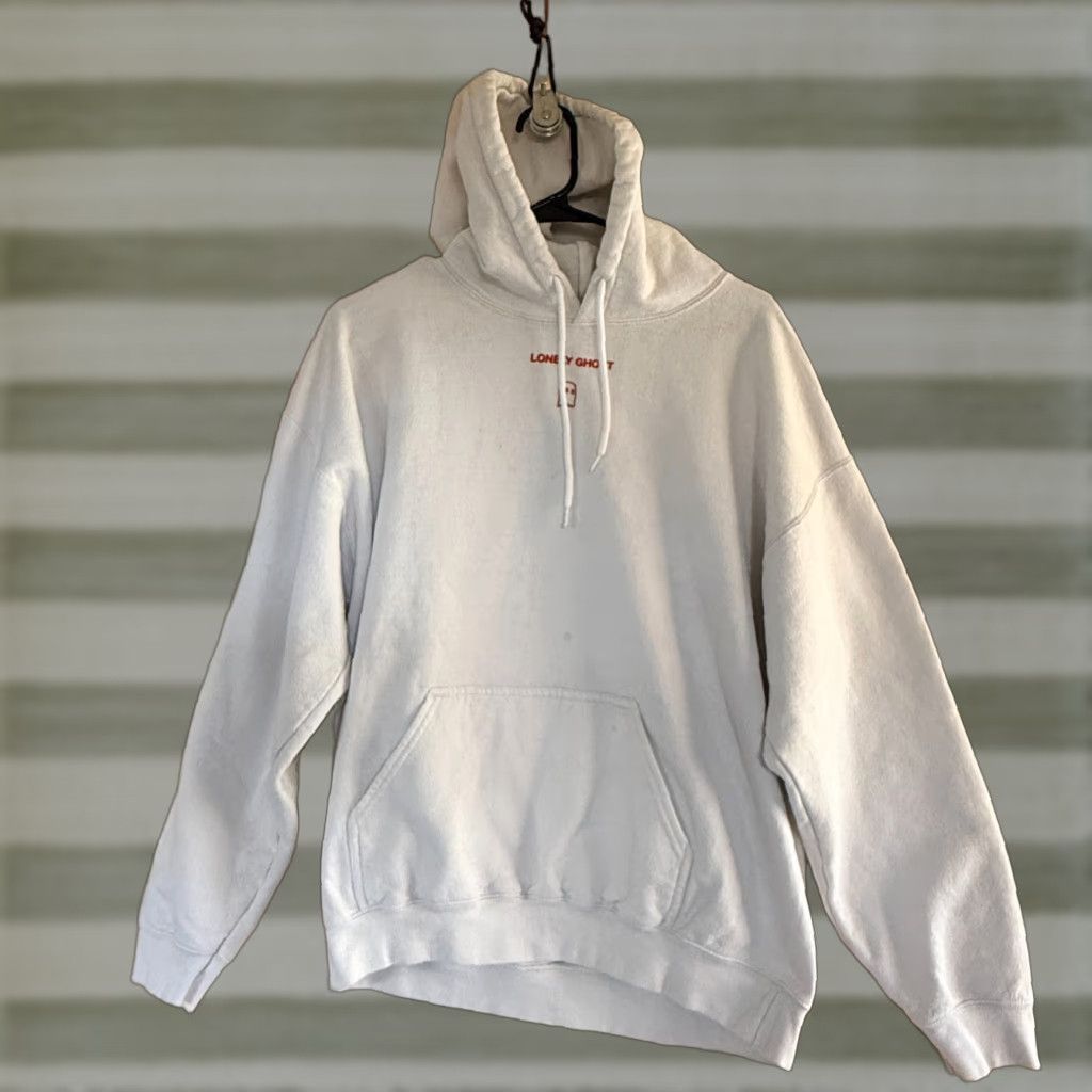 Vintage Lonely Ghost Hoodie Graphic Print Heavy Weight Knit White L Men Pullover Hooded Sweatshirt R